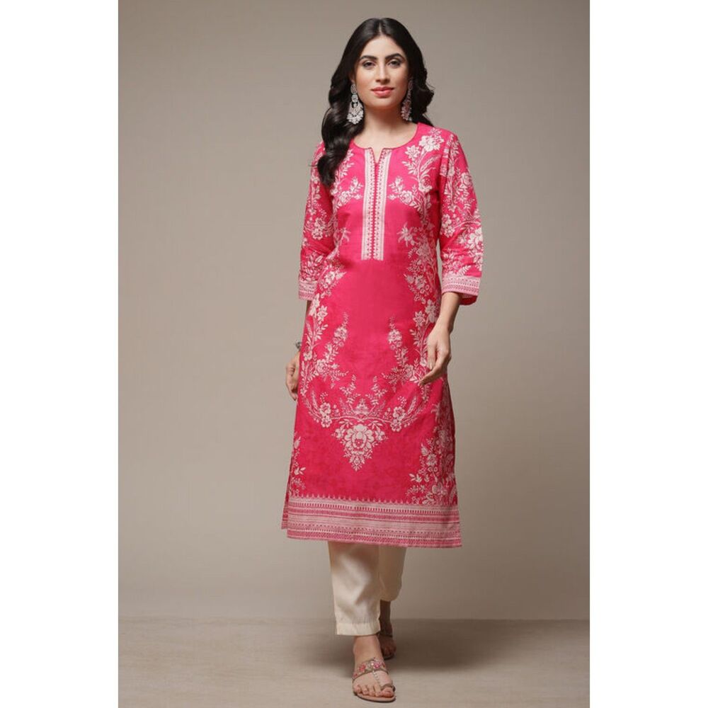 Biba Kurta Womens Size 36/L Pink Midi Dress Top Printed Straight India Ethnic